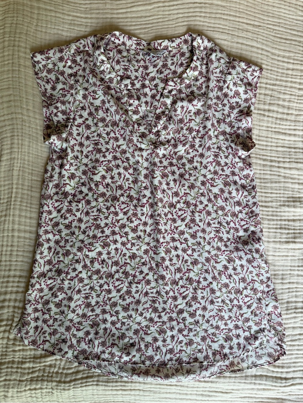 Essentials White Top with Burgundy Floral Print